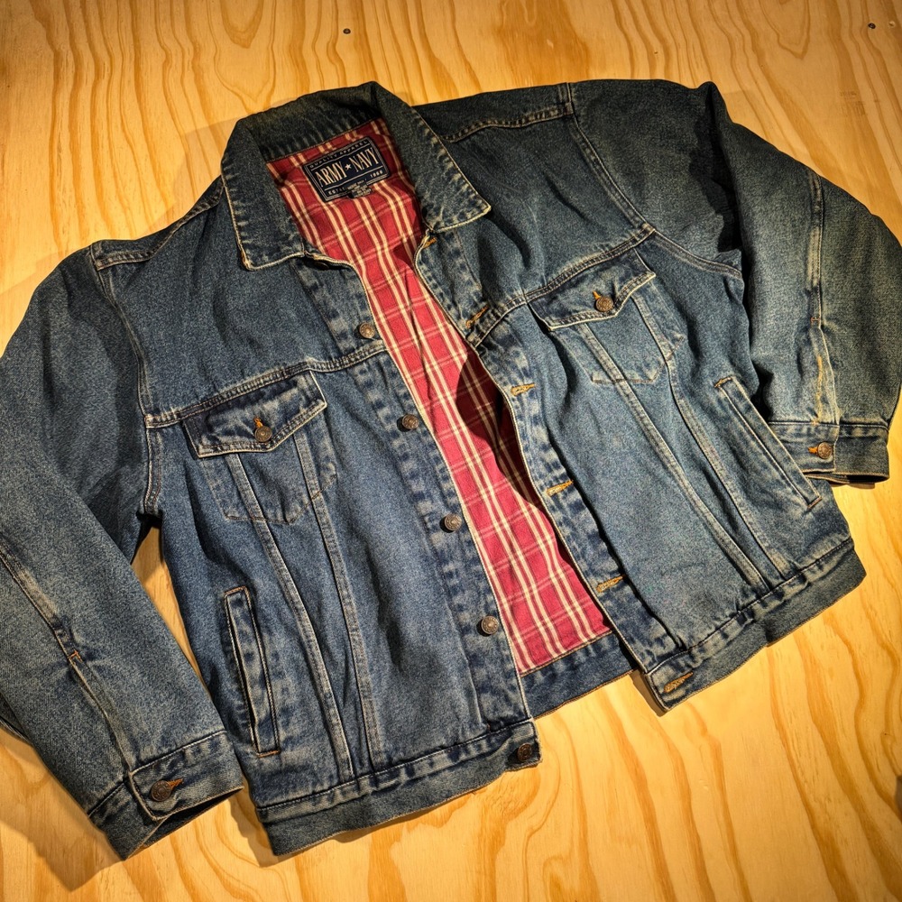 Army Navy Men's Blue Denim Trucker Jacket Plaid Flannel Lined Size Large L